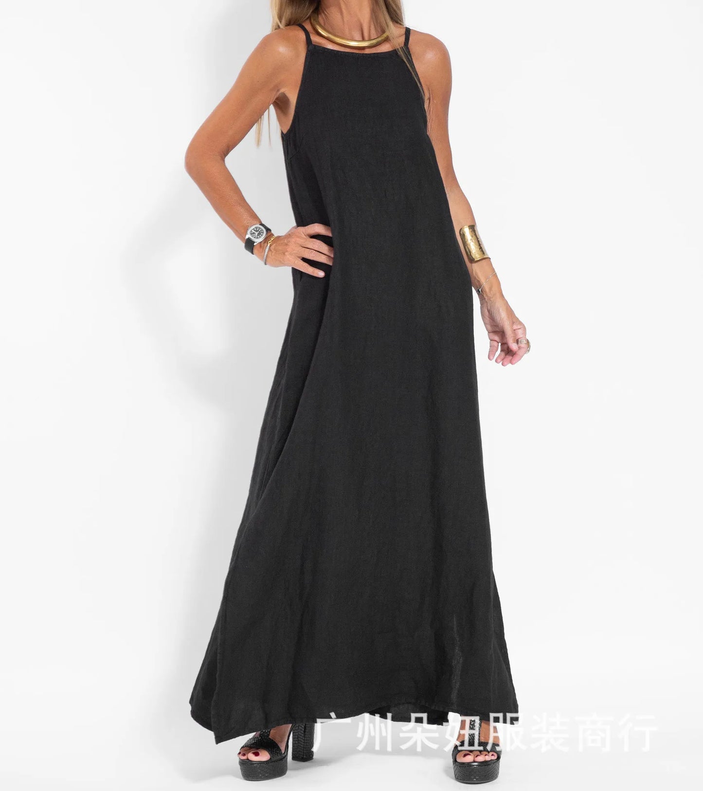 linen Side Split Long Slip Dress