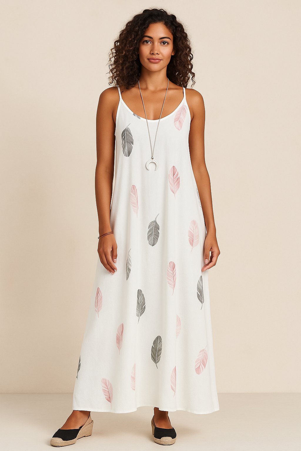 All-Season Chic Feather Print Maxi Dress