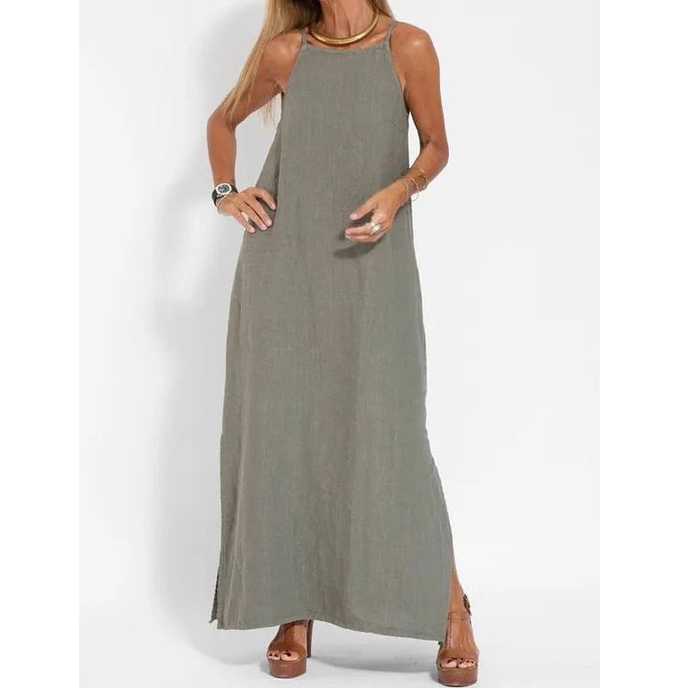 linen Side Split Long Slip Dress